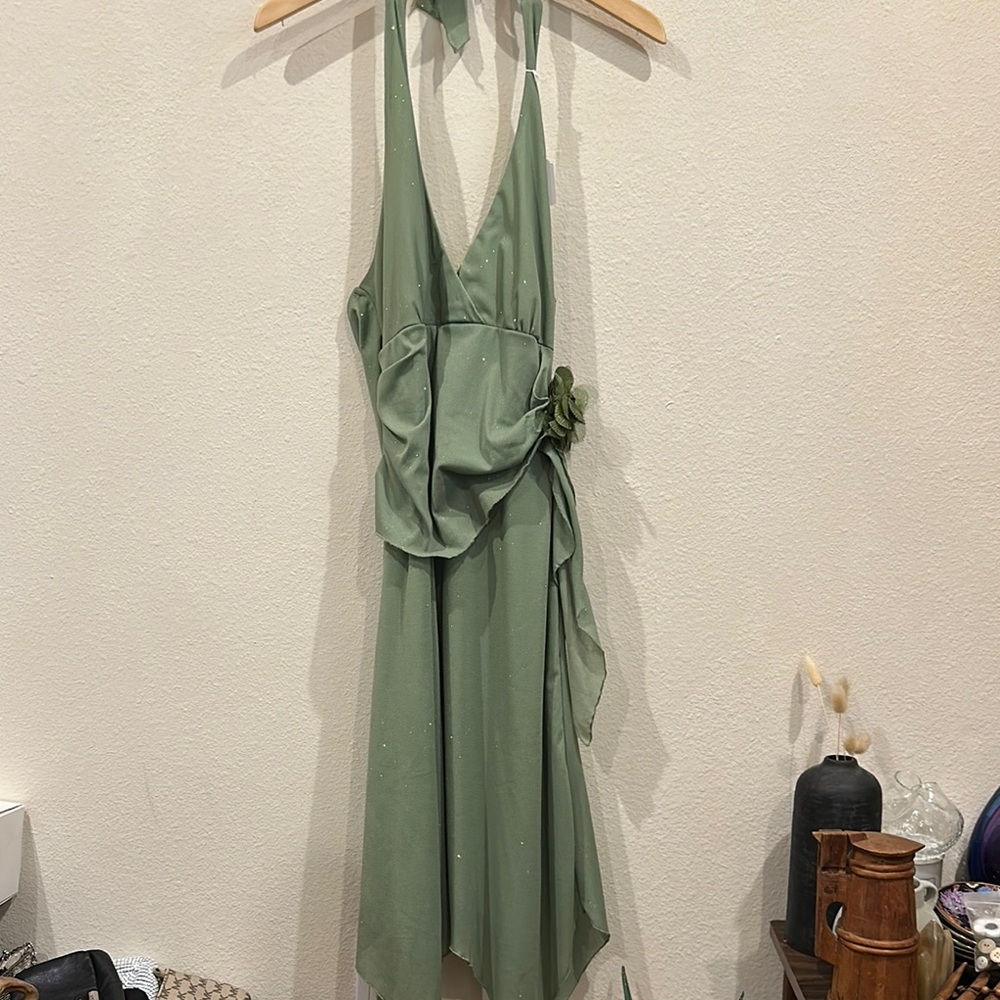 Y2K Windsors Green shimmer flower detail Halter Dress M